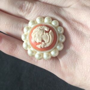 Coral Pink Cream Plastic Faux Pearl Cameo Statement Cocktail Ring - Adjustable
